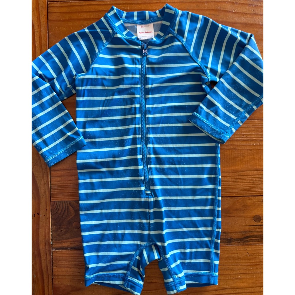 Hanna Andersson 85/2t Blue White Striped Short Sleeve Rash Guard UPF 50+